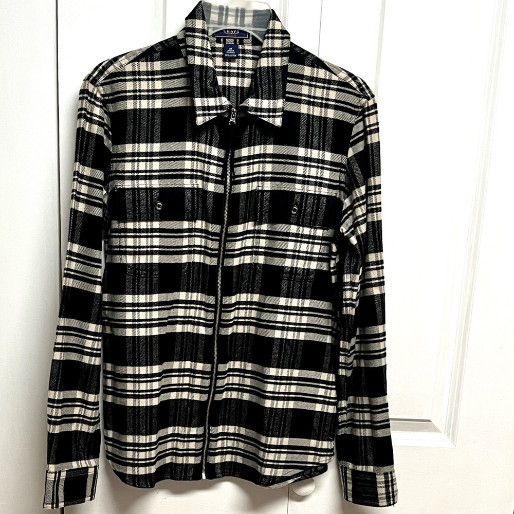 Chaps Black and White Plaid Zip-Up Flannel Shirt Long Sleeve Pockets Size M